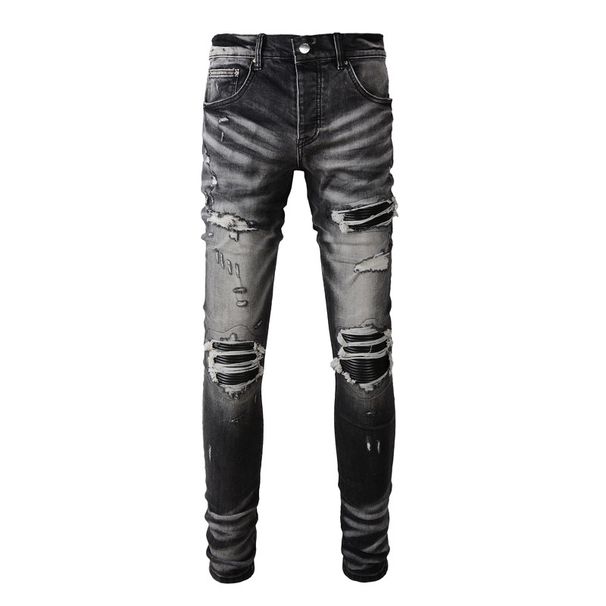 Men's Clothing Street Fashion Jeans Retro Black Grey Ripped Slim Fit Leather Denim Pants_mkmklike.com