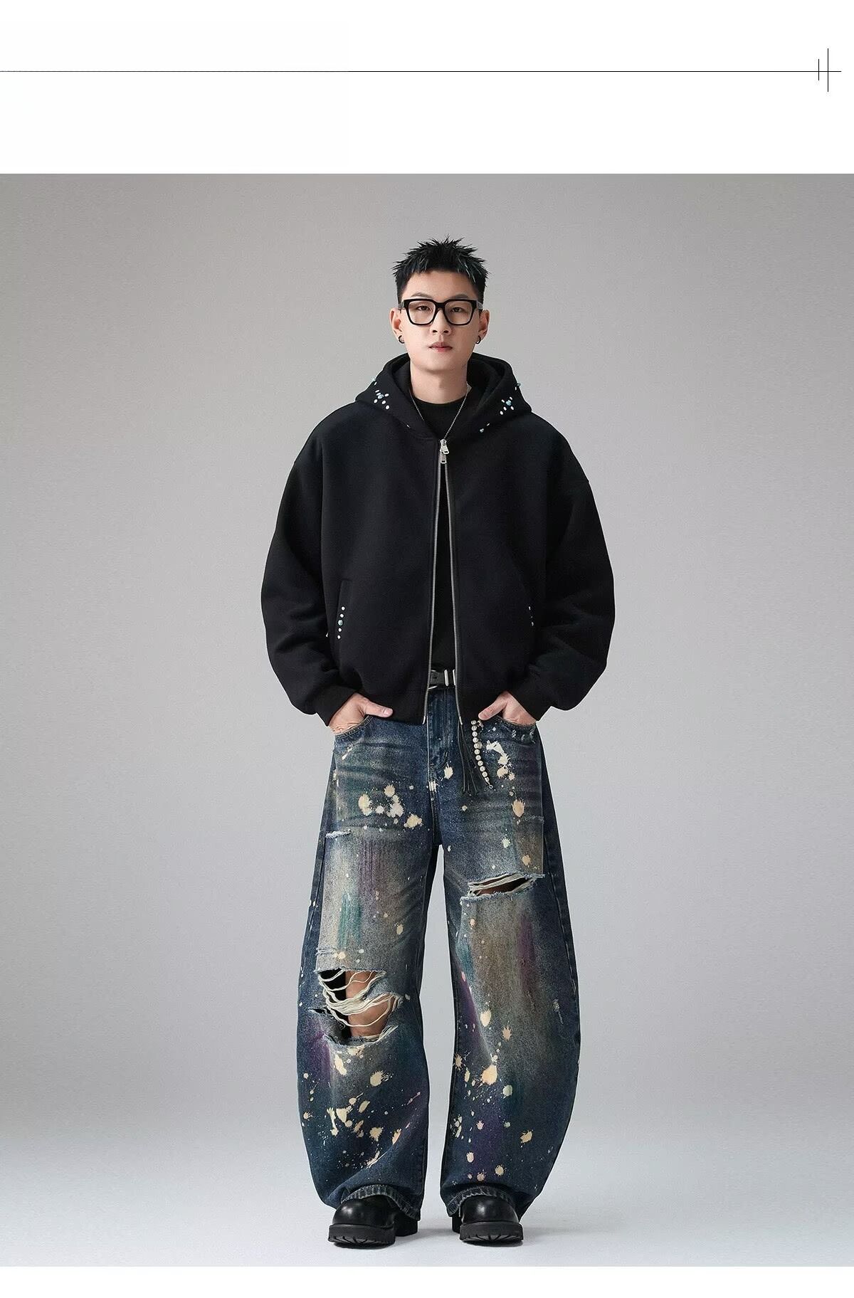 American Trendy Brand Washed Old Ink Splashing Tie-dye Ripped Scimitar Jeans Men's Spring New Wide-leg Trousers Tide_mkmklike.com