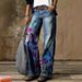 Women's Wide Leg Flare Pants Faux Denim With Five-Pointed Star Print Bohemian Casual Beach Style Cotton Jeans For Spring/Autumn & Summer_mkmklike.com