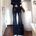 ELLE Tall Extended Dark Blue Retro High Waist Flared Jeans For Women Slim Fit Stretch Floor-Length Bootcut Pants Trendy_mkmklike.com