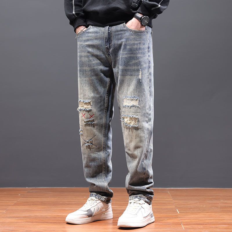 Trendy Brand Jeans Men's Loose Straight Autumn Hole Patch Beggar Trousers Men's Casual Personality Trendy Men's Trousers_mkmklike.com