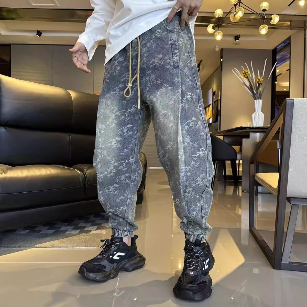 Men's Stylish Loose Fitting Jacquard Casual American Style Drawstring Jogger Jeans Versatile Trendy For Spring Autumn_mkmklike.com