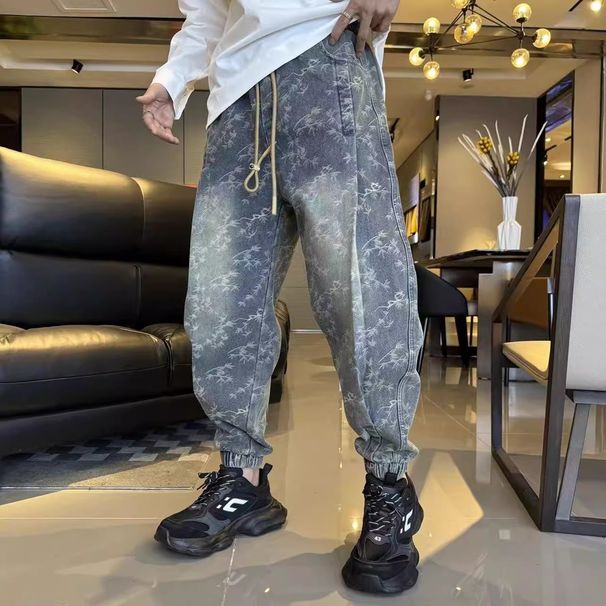 Men's Stylish Loose Fitting Jacquard Casual American Style Drawstring Jogger Jeans Versatile Trendy For Spring Autumn_mkmklike.com