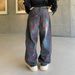 Electric Purple-Gray Washed Denim Jeans - Straight Leg Graffiti-Inspired Pants With Distressed Details For Men_mkmklike.com