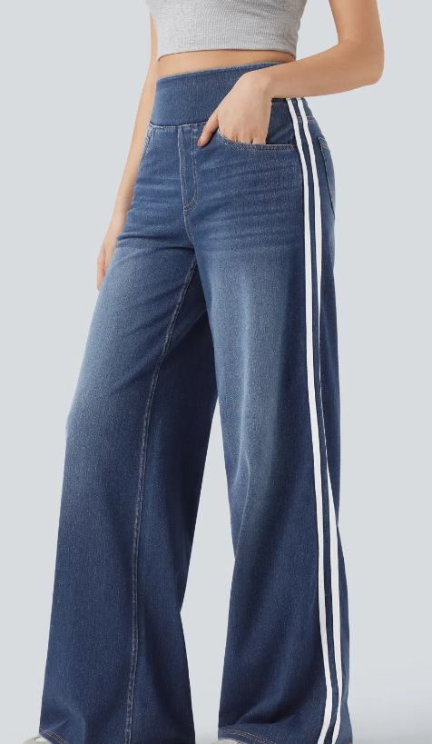 Women's Clothing Washed Blue Side Striped Denim Jeans Vintage Washed Blue Side Stripe Jeans For Women - High Street Loose Fit Wide Leg Flared Pants_mkmklike.com