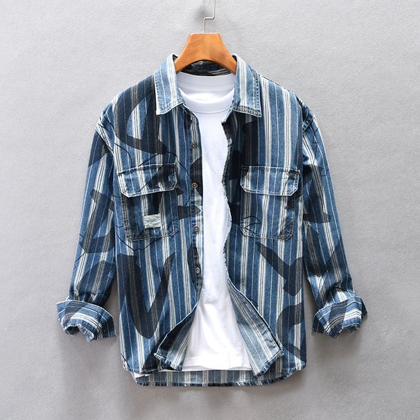 Loose Shoulder Casual Men's Striped Printed Denim Shirt Jacket_mkmklike.com