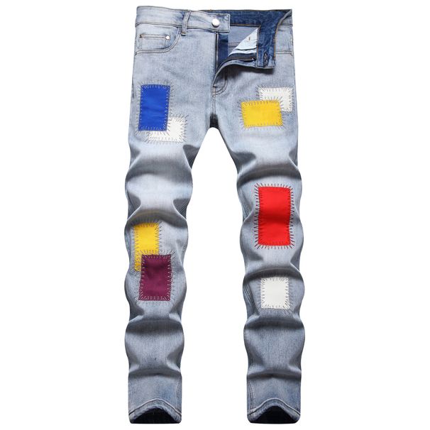 Men's Slim Fit Fashion Trousers Small Feet Embroidered Stretch Washed Blue Jeans Color Patch Foreign Trade Denim_mkmklike.com