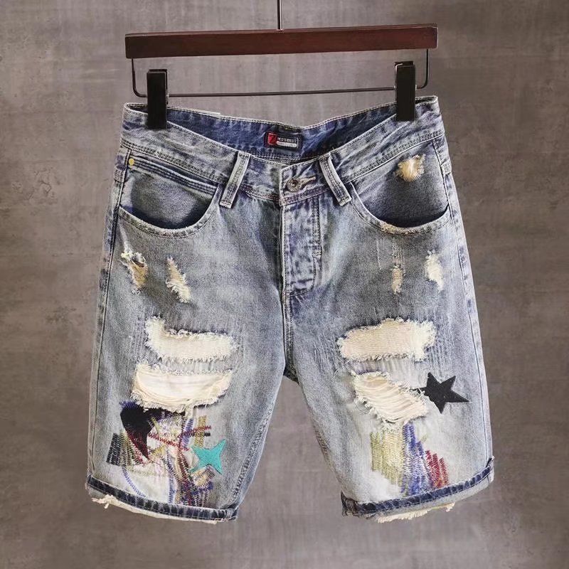 Men's Slim Fit Distressed Denim Shorts – Korean Street Style 5-Inch Inseam (28-36) – Lightweight Summer Grey Washed With Artisan Tears_mkmklike.com