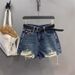 Dark Blue High-Waisted Washed Distressed Denim Shorts Women's Sexy Slimming Wide Leg Hot Pants Summer 2026 Arrival_mkmklike.com