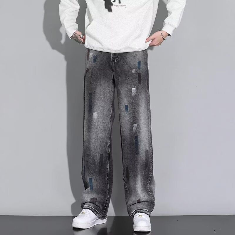 Men's Streetwear Splatter Paint Stretch Denim Jeans Vintage Washed Effect Tapered Fit Black Sizes 28 - 35_mkmklike.com