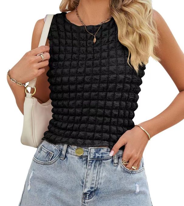 Women's Clothing fashion popcorn slim dress bubble stretch fabric sleeveless dress_mkmklike.com