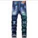 Men's Slim Fit Mid-Rise Distressed Patchwork Jeans - Stretch Denim Pants With Printed Design For Casual Wear_mkmklike.com