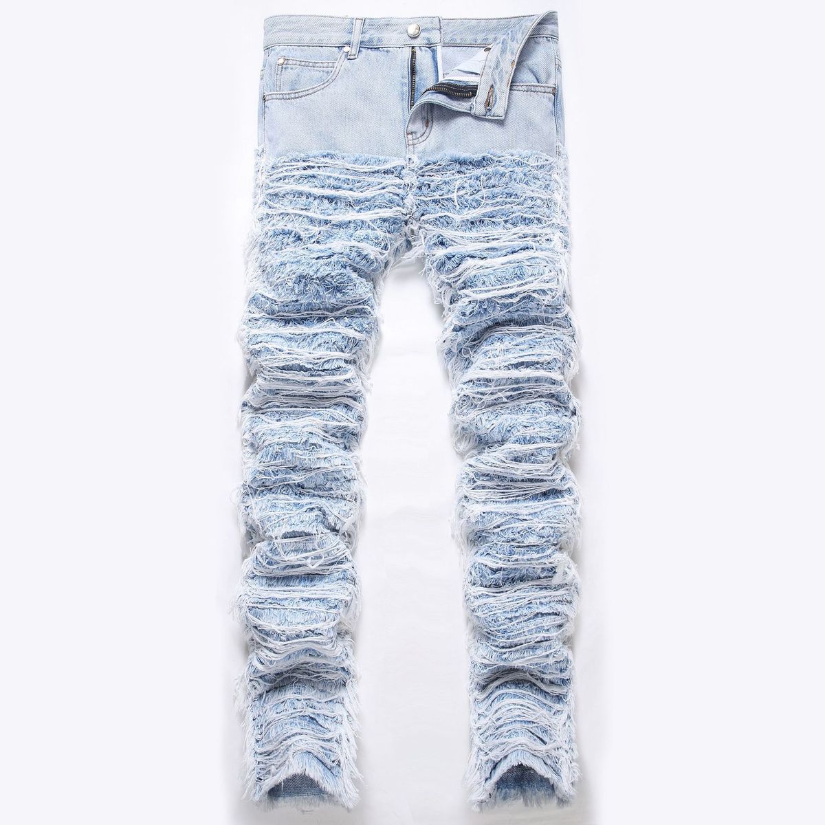 Men's High Street Distressed Frayed Hem Raw Edge Embroidered Jeans - Loose Fit Straight Leg Denim Pants With Boho Fringe Details_mkmklike.com