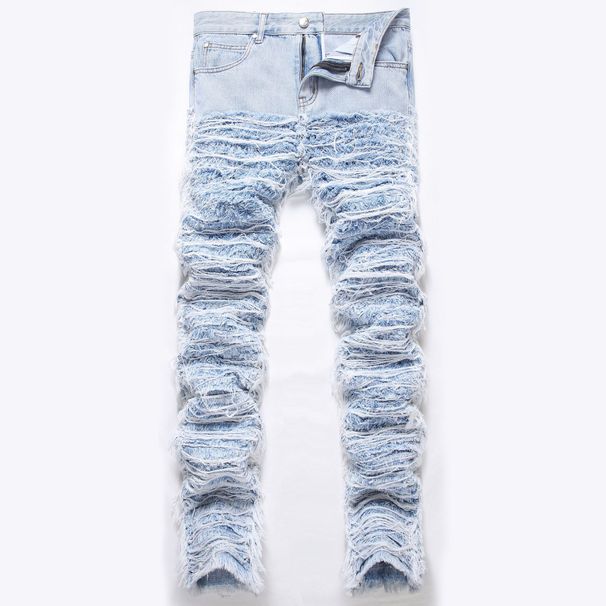 Men's High Street Distressed Frayed Hem Raw Edge Embroidered Jeans - Loose Fit Straight Leg Denim Pants With Boho Fringe Details_mkmklike.com