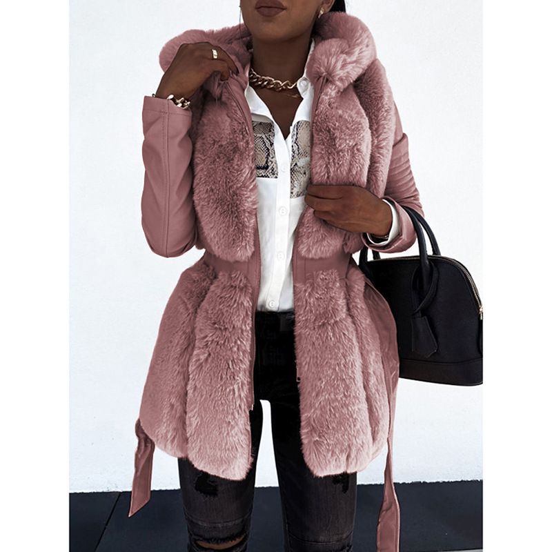 Women's fur coat Women's belted hooded solid color zipper jacket_mkmklike.com