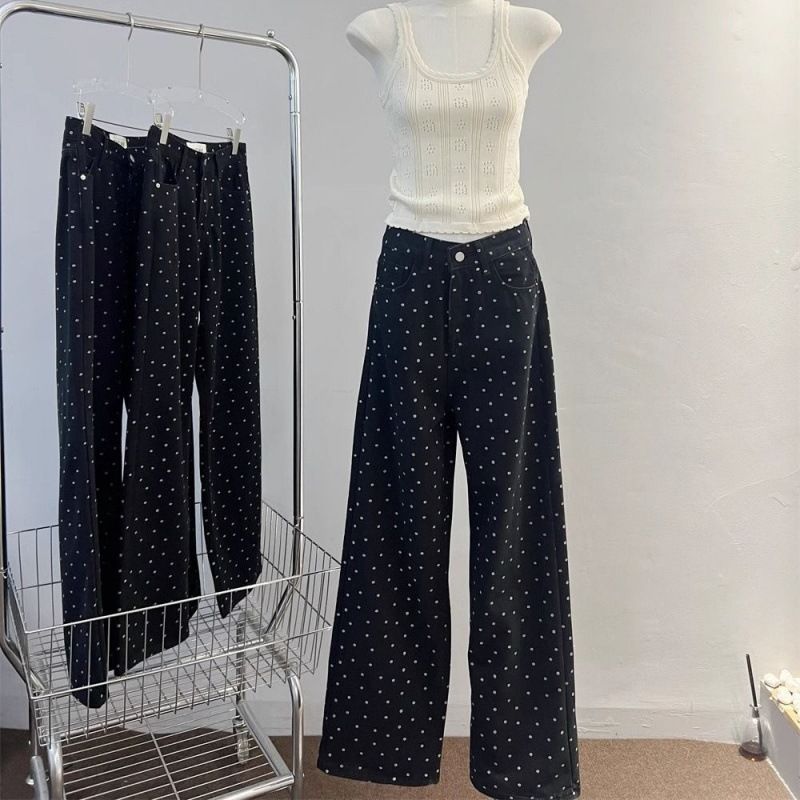 Women's Clothing Black High-Waisted Flared Jeans With Retro Polka Dots – Loose Fit, Slimming, Versatile Straight-Leg Pants_mkmklike.com