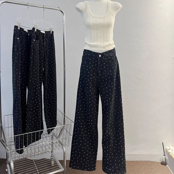 Women's Clothing Black High-Waisted Flared Jeans With Retro Polka Dots – Loose Fit, Slimming, Versatile Straight-Leg Pants_mkmklike.com