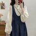 Chicco Autumn Winter Outfit For Plus Size Women French Retro Style Shirt Denim Suspender Skirt Layered Two-Piece Set_mkmklike.com