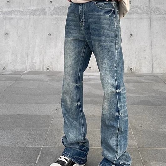 American Style Washed Vintage Cleanfit Jeans For Men Straight Leg Slightly Flared High Street Vibe Slim Fit Long Pants_mkmklike.com