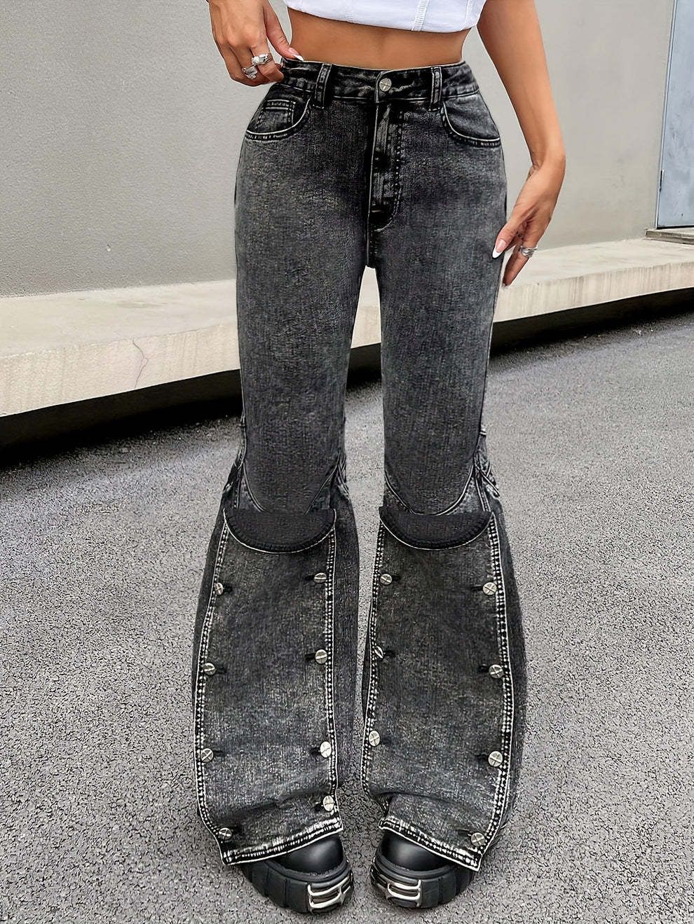 Women’s Clothing Detachable Snap Jeans For Women Retro Design Three Dimensional Fashion Splicing Flared Pants_mkmklike.com