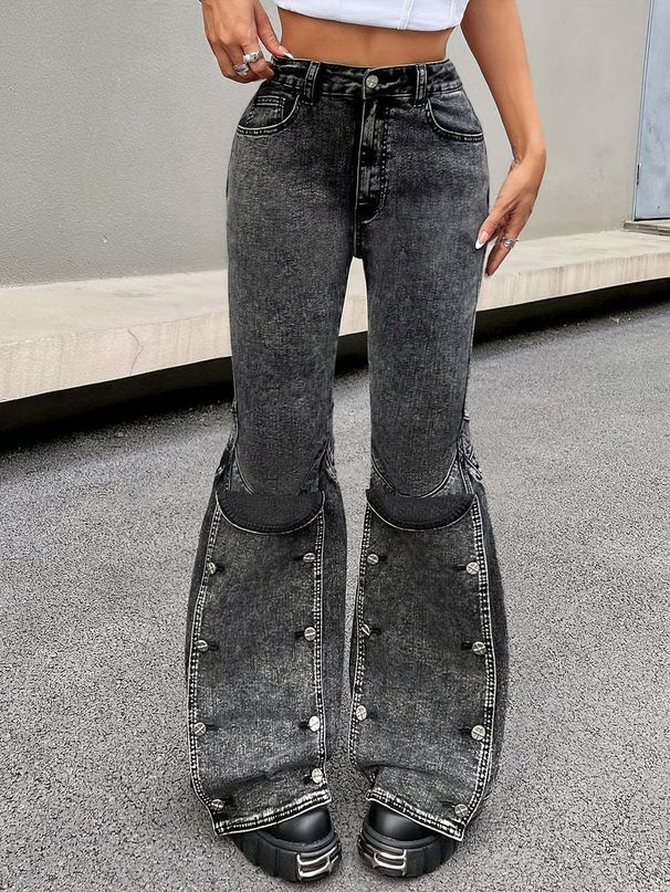 Women’s Clothing Detachable Snap Jeans For Women Retro Design Three Dimensional Fashion Splicing Flared Pants_mkmklike.com
