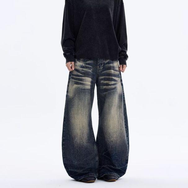 Men's Retro Blue Wide Leg Jeans High Waisted Loose Fit Slimming Floor Length Straight Leg Pants American Style 2026 Autumn New_mkmklike.com