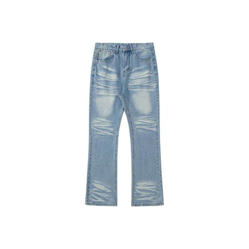 Men's Clothing Ice Blue Washed Jeans Water Ripples Messy Cat Whisker Baggy Style Trousers_mkmklike.com