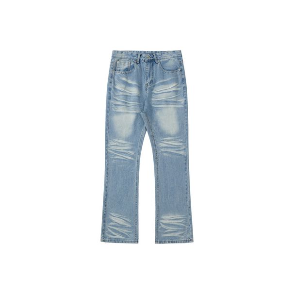 Men's Clothing Ice Blue Washed Jeans Water Ripples Messy Cat Whisker Baggy Style Trousers_mkmklike.com