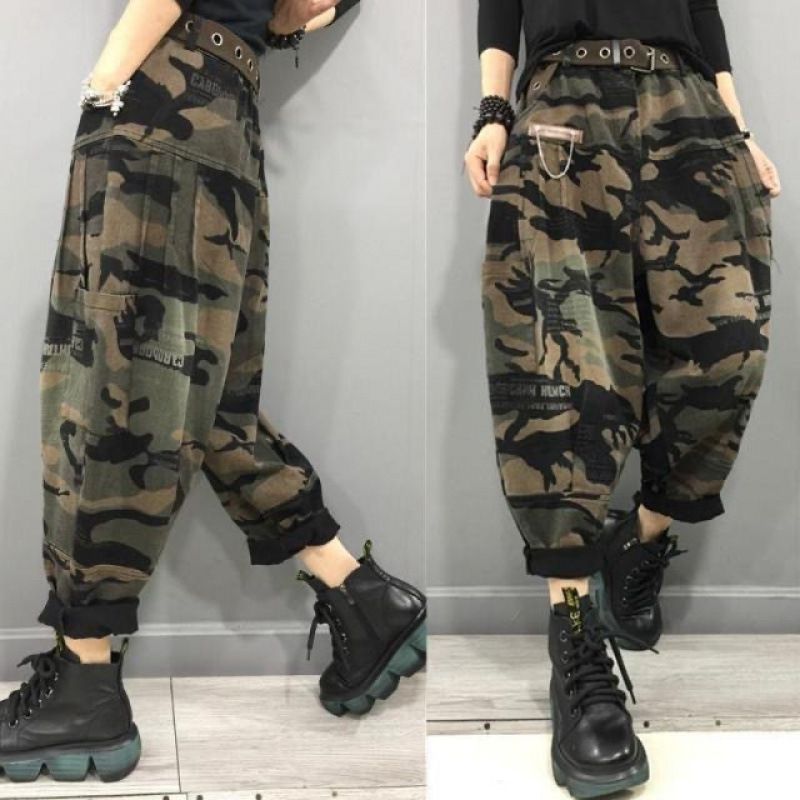 Women's Clothing Women's Baggy Jeans Women's New Elastic Waist High Waist Loose Slim Print Daddy Pants_mkmklike.com