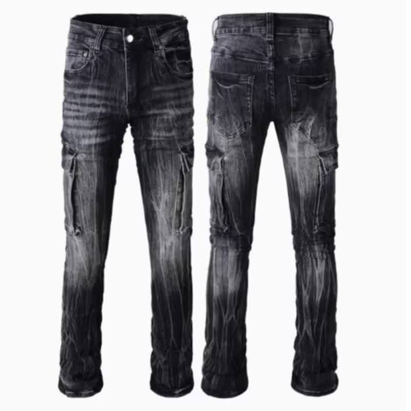 Men's Clothing High Street Retro Jeans - Lightning Ripple Wash, Slim Straight Fit, Multiple Pockets, Vintage Denim Pants (Black, S-3XL)_mkmklike.com
