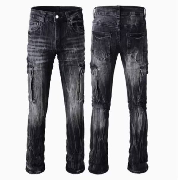 Men's Clothing High Street Retro Jeans - Lightning Ripple Wash, Slim Straight Fit, Multiple Pockets, Vintage Denim Pants (Black, S-3XL)_mkmklike.com