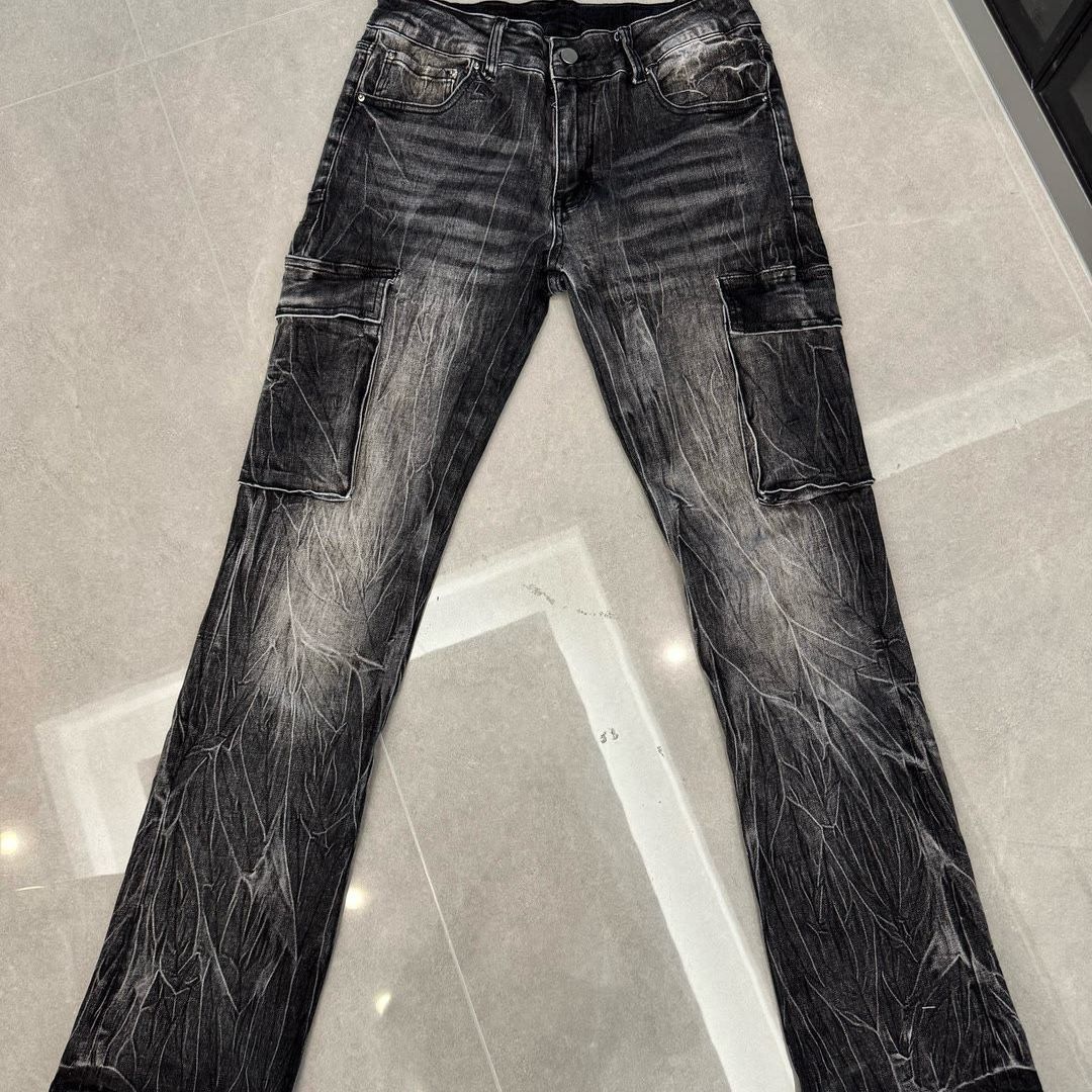 Retro Lightning Wave Men's Cargo Jeans - Edition Distressed Denim Pants With Luxury Workwear Flair_mkmklike.com