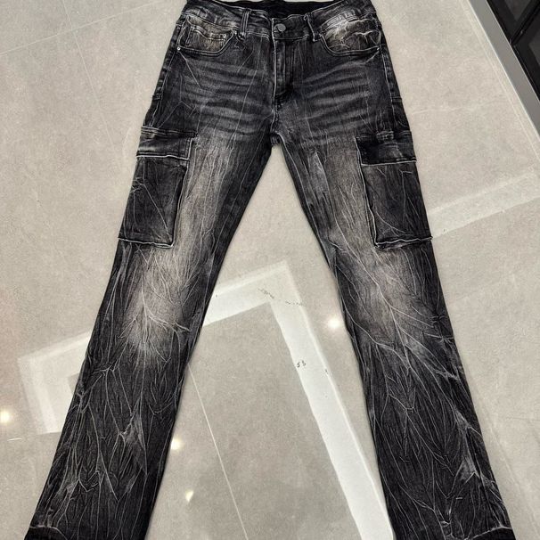 Retro Lightning Wave Men's Cargo Jeans - Edition Distressed Denim Pants With Luxury Workwear Flair_mkmklike.com