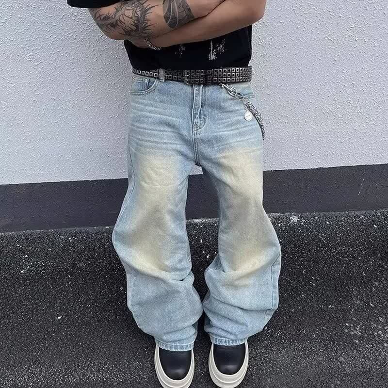 Vintage Washed Blue Jeans – High Street Oversized Straight-Leg Denim Pants (Unisex, S-3XL, Distressed, No Stretch, Drop-Cuff)_mkmklike.com