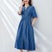 Cotton Cocoon Summer New Product Temperament Drawstring Waist Slimming V-Neck Sunscreen Tencel Denim Dress For Women's_mkmklike.com