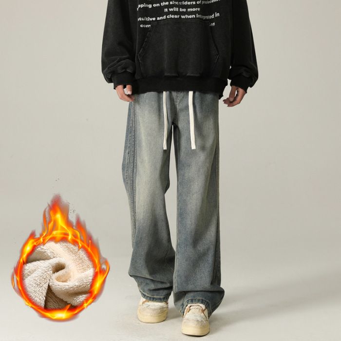 Nordmann Winter Fleece-Lined Thickened Side Ribbed Full Elastic Waist Drawstring Loose Straight Versatile Men's Trendy Jeans_mkmklike.com