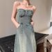 JWUNIQUE Blue Strapless Dress For Women's Summer New Slim Fit Denim A-Line Long Skirt_mkmklike.com