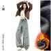 Fleece-Lined American Retro Embroidered Puppy High-Waisted Wide-Leg Jeans Women, New Loose Slimming Straight-Leg Pants_mkmklike.com