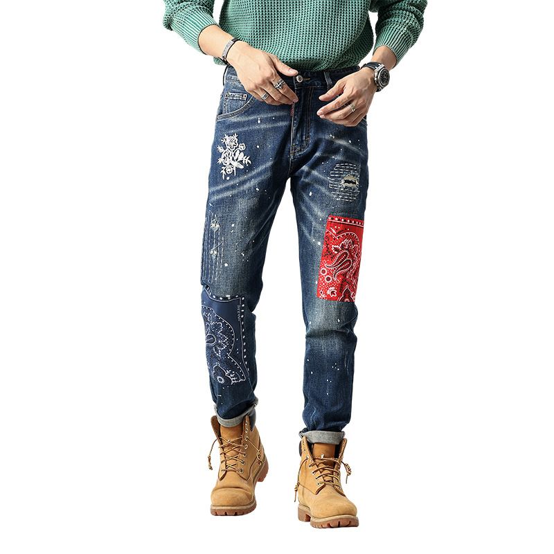 Men's Distressed Patchwork Embroidered Slim Fit Jeans - High Street Fashion Straight Leg Denim Pants For Casual Wear_mkmklike.com