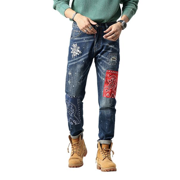 Men's Distressed Patchwork Embroidered Slim Fit Jeans - High Street Fashion Straight Leg Denim Pants For Casual Wear_mkmklike.com