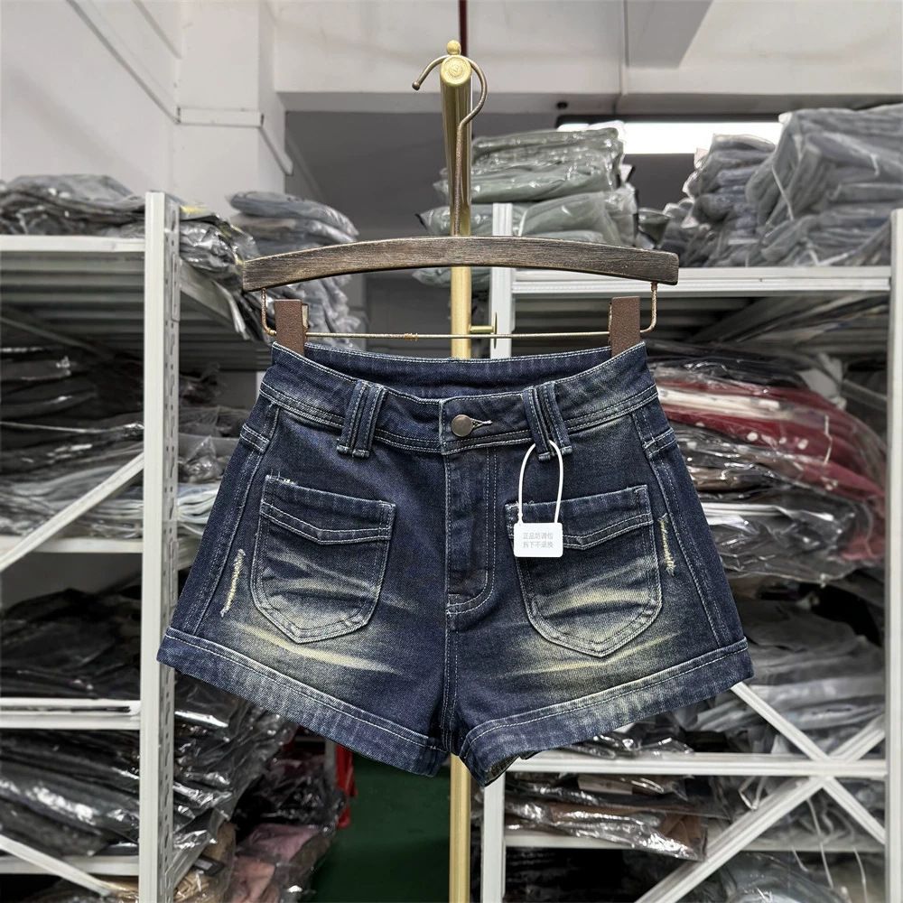 High Waisted Rolled Up Denim Shorts For Women Summer Retro Style Slimming Wide Leg A-Line Hot Girl Pants_mkmklike.com
