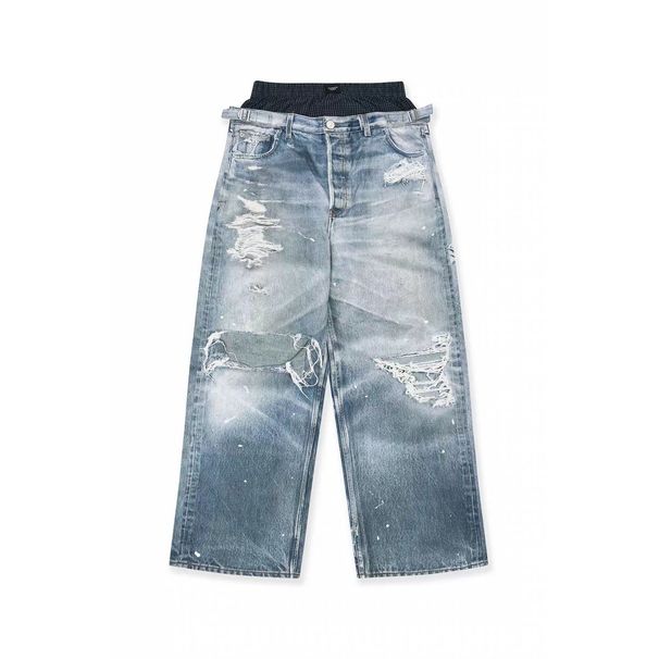 Men's American Style Hip Hop Double Waist Patchwork Jeans Midweight Cotton Wide Leg Pants Black Blue Digital Print For Spring/Summer_mkmklike.com