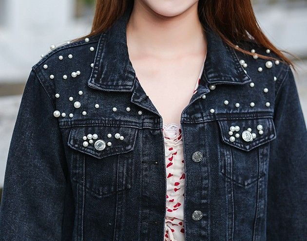 Women's Clothing Plus-Size Embellished Denim Jacket – Oversized Fit With Rhinestone Details (7 Sizes, Black/Light Blue/Cream)_mkmklike.com