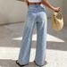 Women's High Waist Wide Leg Jeans Light Wash Yellow Floral Print Loose Fit Floor Length Fresh Pants NY852_mkmklike.com
