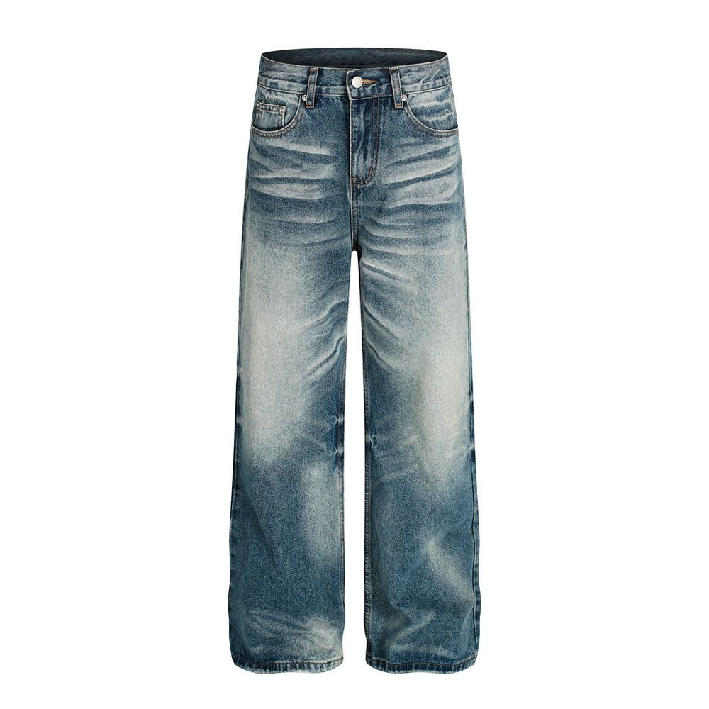 Washed Distressed White Denim Straight-Leg Pants Men's Street Style Punk Frayed Vintage Loose Wide-Leg Trousers_mkmklike.com