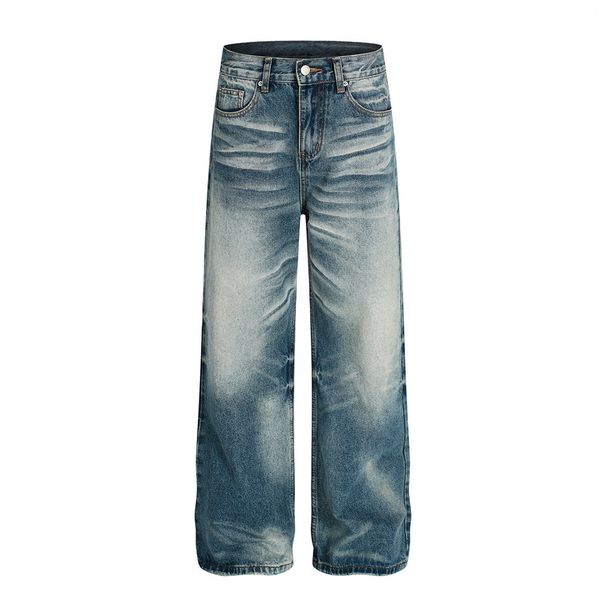 Washed Distressed White Denim Straight-Leg Pants Men's Street Style Punk Frayed Vintage Loose Wide-Leg Trousers_mkmklike.com