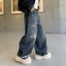 Vintage Washed Distressed Denim Jeans For Men - Relaxed Straight Leg With Graffiti & Patch Details_mkmklike.com