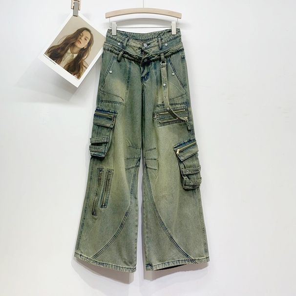 Women's clothing style three-dimensional multi-pocket washed jeans street retro loose wide-leg casual trousers cross-border women's clothing_mkmklike.com