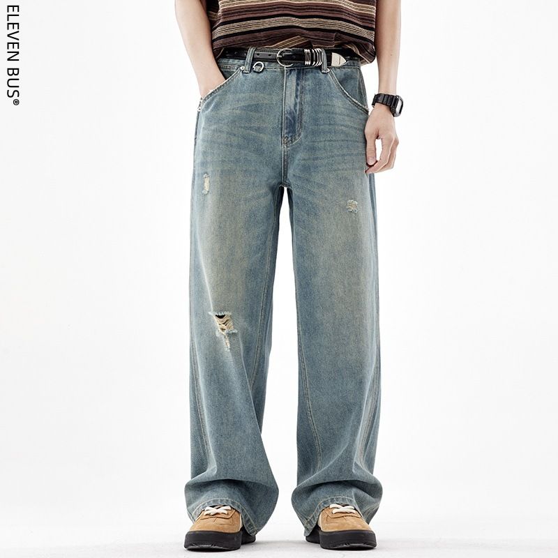 Vintage Streetwear Destroyed Jeans For Men – Oversized Distressed Denim With Knee Rips & Frayed Hem (Relaxed Straight Fit, Unisex Baggy Silhouette)_mkmklike.com