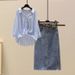 Women's Clothing Summer suit new striped shirt with high waist denim skirt two piece suit_mkmklike.com